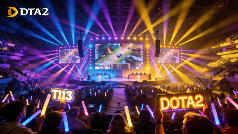 DOTA2国际邀请赛TI13主舞台盛况，现场观众座无虚席，灯光璀璨