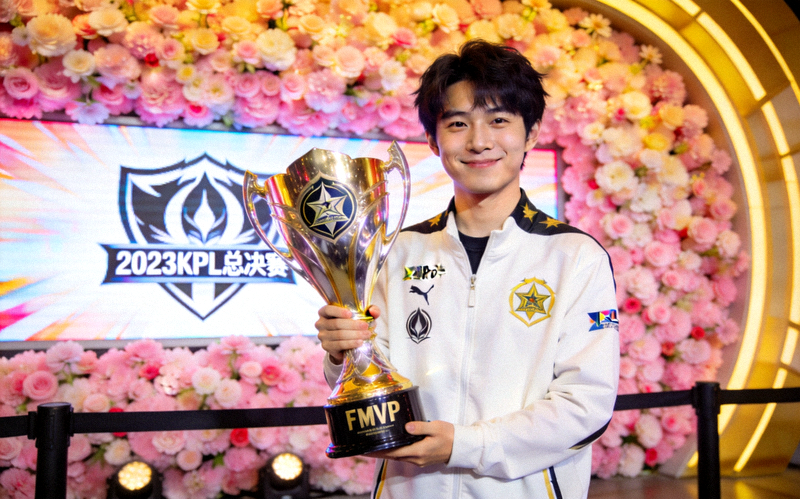 花海选手罗思源在KPL总决赛赛后采访中手持FMVP奖杯微笑